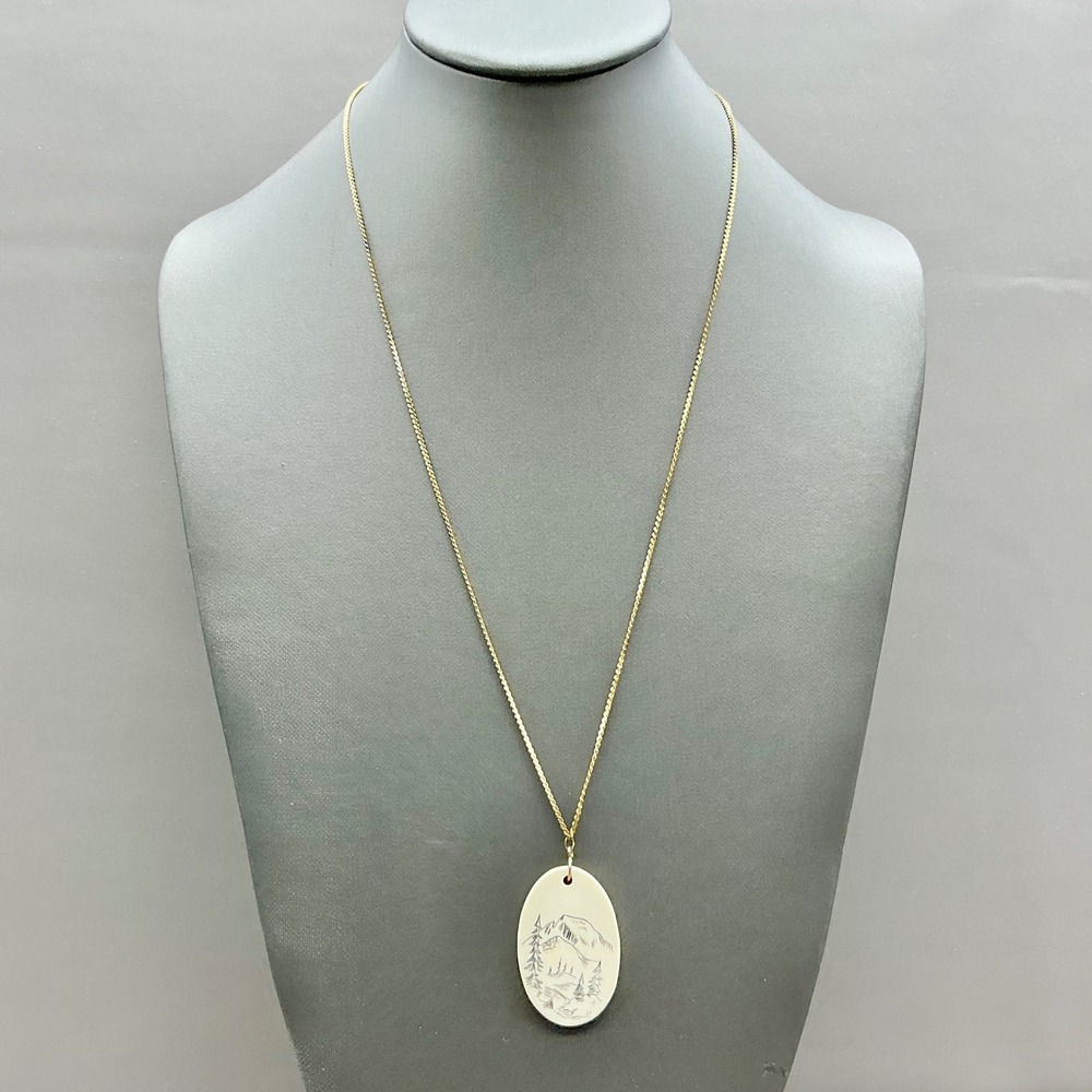 Scrimshaw Pendant Necklace Womens Gold Tone Scrimshaw Mountain Pine Tree Scene